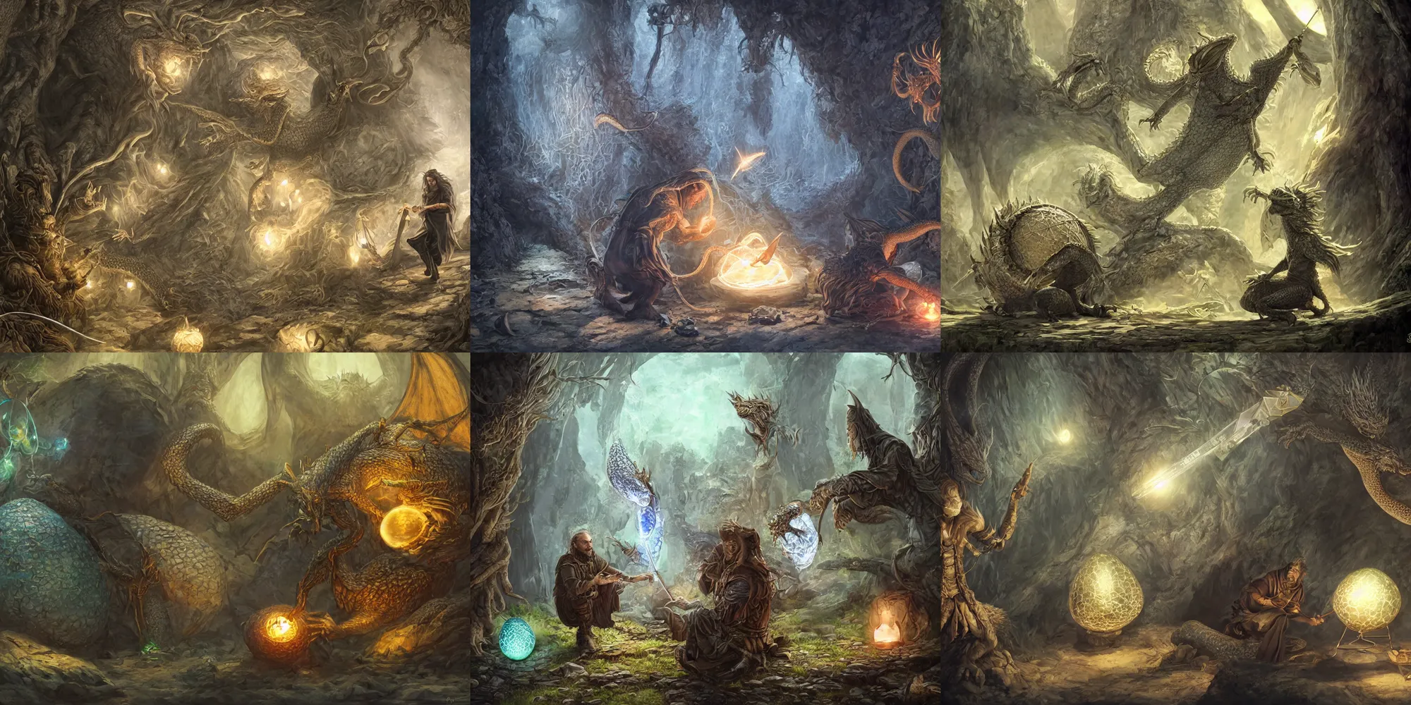 Prompt: A wizard measuring dragon eggs using a calipers, fantasy art, 4k