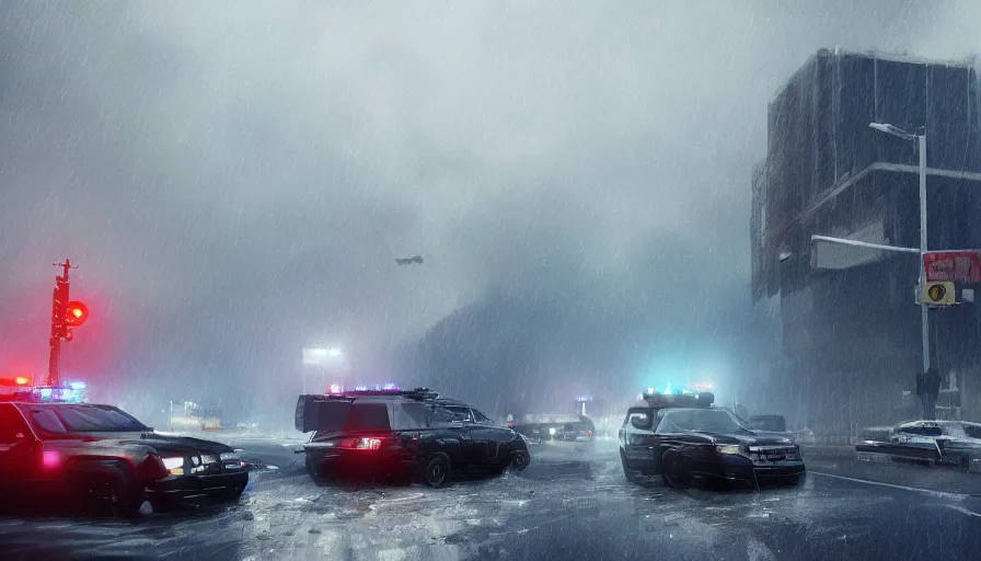 Image similar to cop car with sirens crossing washington dc during storm with tornado destroying the city, debris, hyperdetailed, artstation, cgsociety, 8 k