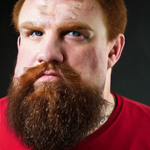 Prompt: burly russian man with large jaw, medium - length red hair, short goatee, innocent green eyes, and broad shoulders