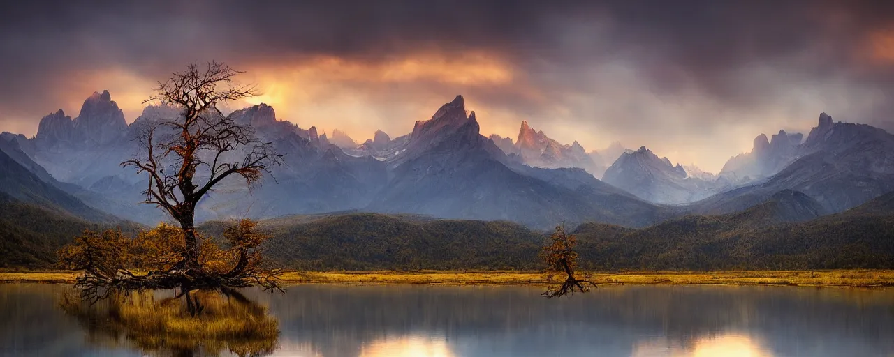 Image similar to landscape photography by marc adamus, dead tree in the foreground, mountains, lake