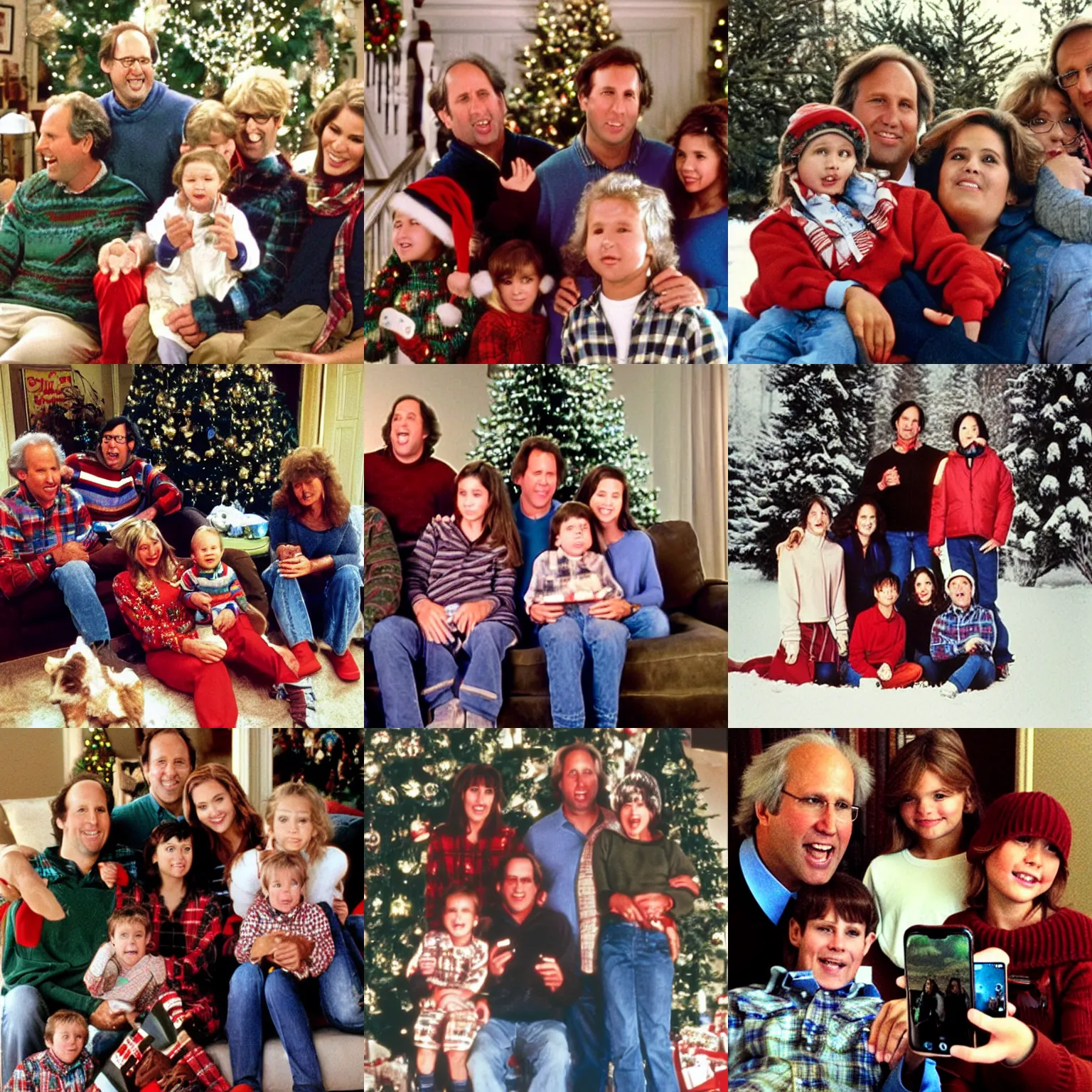 Prompt: chevy chase taking a family picture using an iphone, still from national lampoon christmas vacation