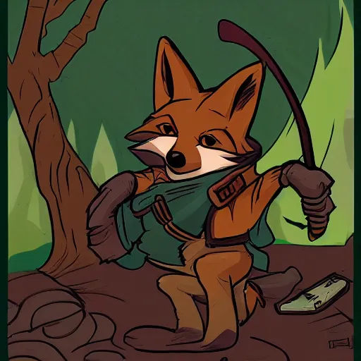 Image similar to Robin Hood anthropomorphic fox, wearing a hoodie, 90s cartoon vhs, trending on FurAffinity