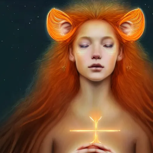 Image similar to Portrait of a girl angel with pale orange colored frizzy strands of illuminated hair, Lion essence, cat ears on her head, glowing halo, Lion's Mane, Cosmic, Lion's Gate, 8/8, fantasy, intricate, elegant, highly detailed, digital painting, artstation, concept art, smooth, sharp focus, illustration, art by Krenz Cushart and Artem Demura and alphonse mucha