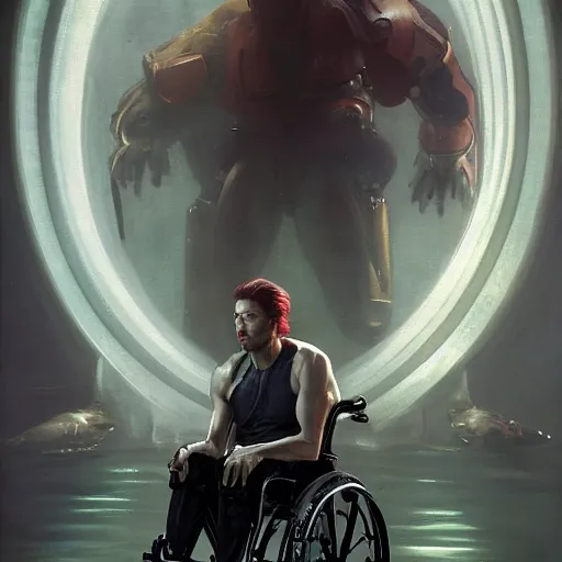 Prompt: handsome portrait of a wheelchair guy fitness posing, radiant light, caustics, war hero, smooth, one legged amputee, reflective water koi pond, ghost in the shell, metal gear solid, disabled, lush garden surroundings, by gaston bussiere, bayard wu, greg rutkowski, giger, maxim verehin