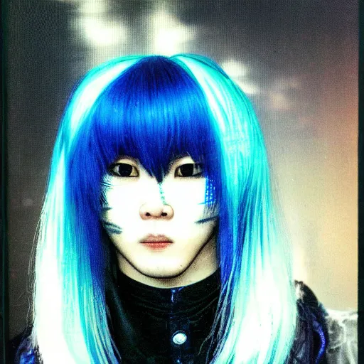 Prompt: a portrait of a handsome young Japanese male wearing a cybergothic outfit with streaks of blue hair