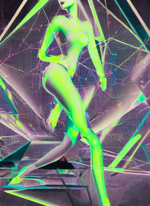 Image similar to futuristic lasers tracing, data visualization, laserpunk fullbodysuit,, pyramid visor, raindrops, wet, oiled, beautiful cyborg girl pinup, by steven meisel, kaws, rolf armstrong, cubist perfect geometry abstract acrylic, hyperrealism photorealistic airbrush collage painting, monochrome, neon fluorescent colors, minimalist rule of thirds, eighties eros