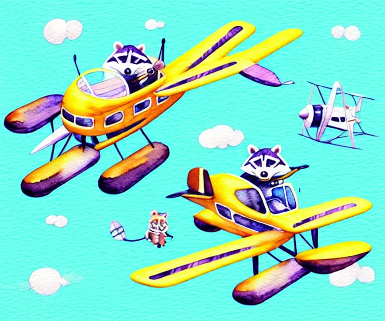 Image similar to cute and funny, racoon riding in a tiny airplane with oversized engines, centered award winning watercolor pen illustration, isometric illustration by chihiro iwasaki, edited by range murata, tiny details by artgerm and watercolor girl, symmetrically isometrically centered