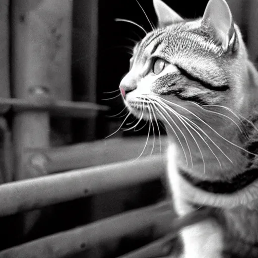 Image similar to Close up of a cat wearing John cena clothes in the Raw arena, ww2 historical photography, black & white