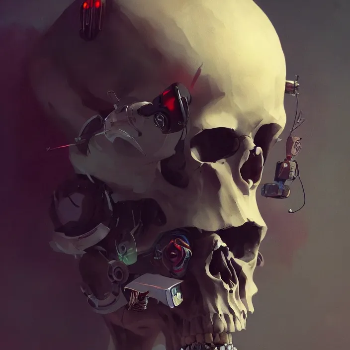 Prompt: a beautiful painting of a cyberpunk skull by sergey kolesov and pascal blanche and rhads and tony skeor. in style of film noir illustration, symmetry, sci fi, hyper detailed. octane render. trending on artstation