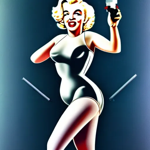 Image similar to marilyn monroe in a cybernetic spacesuit, cigarette dangling, grenade in hand, by pascal blanche, ultradetailed, 8 k