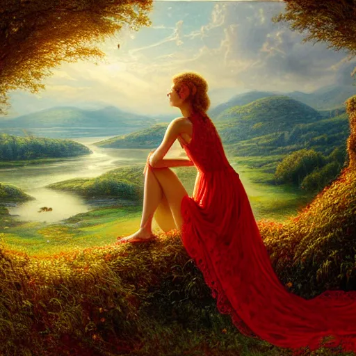 Image similar to an elegant fairy queen in a red lace dress sitting and looking out at a lord of the rings scenery landscape, vast lush valley flowers and giant mushroom structures, river, sunrise, god's rays highly detailed, vivid colour, soft clouds, floral sunset, cinematic lighting, perfect composition, 8 k, gustave dore, derek zabrocki, greg rutkowski, belsinski