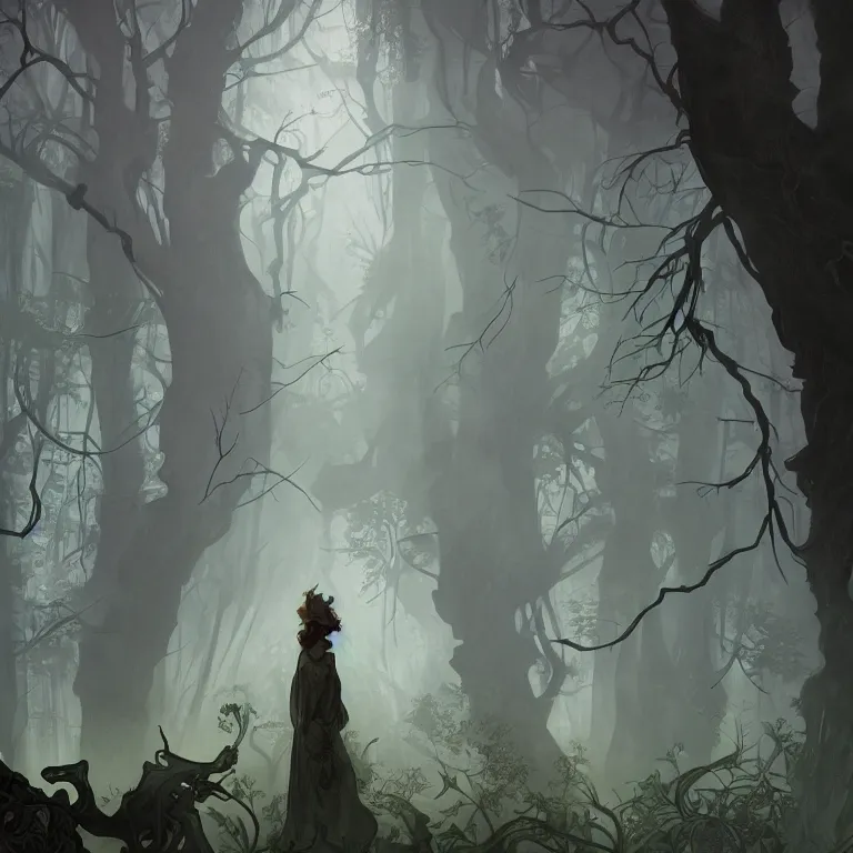 Image similar to a lone figure standing in front of a haunted victorian house in a dense dark forest, concept art, by Peter Mohrbacher and Alphonse Mucha, detailed, style, 8k, trending on artstation, unreal engine 4k, detailed, clean background trending, full shot, symmetrical portrait, sophisticated, Unreal engine, dystopia, anti-utopia, post processing, psychadelic