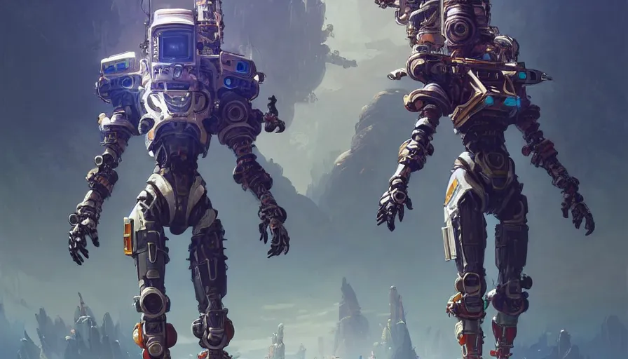 Image similar to a warrior robot astronaut, floral! looks like a machine from horizon zero dawn designed by apple, posing for a fight intricate, elegant, highly detailed, digital painting, establishing shot, an epic fantasy, artstation, concept art, smooth, sharp focus, illustration, art by artgerm and greg rutkowski and alphonse mucha, 8 k