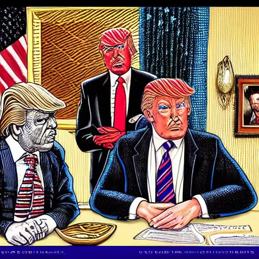 Image similar to !dream The Artwork of R. Crumb and his Cheap Suit Donald Trump and Jared Kushner, pencil and colored marker artwork, trailer-trash lifestyle