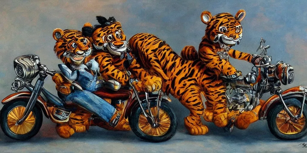 Image similar to tony the tiger riding a motorcycle, highly detailed fur, painted by salidor dali