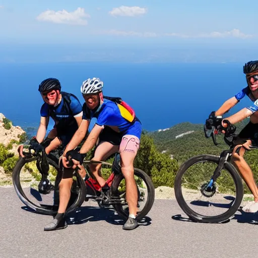 Image similar to 3 friends on professional road bycycles riding in the mountains of Mallorca, sea in the background, 4k