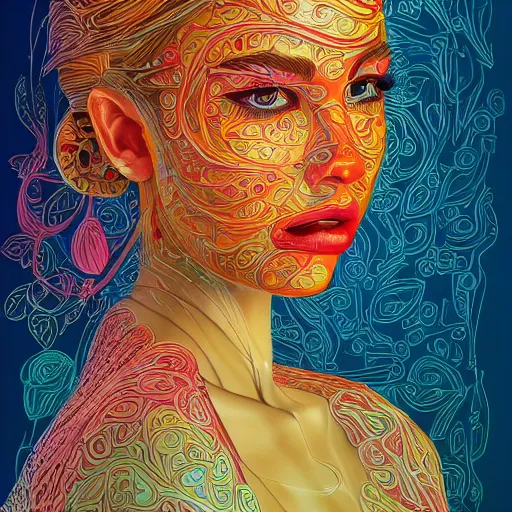 Image similar to the portrait of a beautiful and elegant young woman made up of peppers, an ultrafine detailed illustration by james jean, intricate linework, bright colors, final fantasy, behance contest winner, vanitas, angular, altermodern, unreal engine 5 highly rendered, global illumination, radiant light, detailed and intricate environment