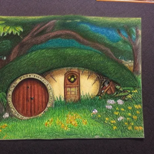 Prompt: colored pencil illustration of a hobbit house in the shire, in the style of Tolkien