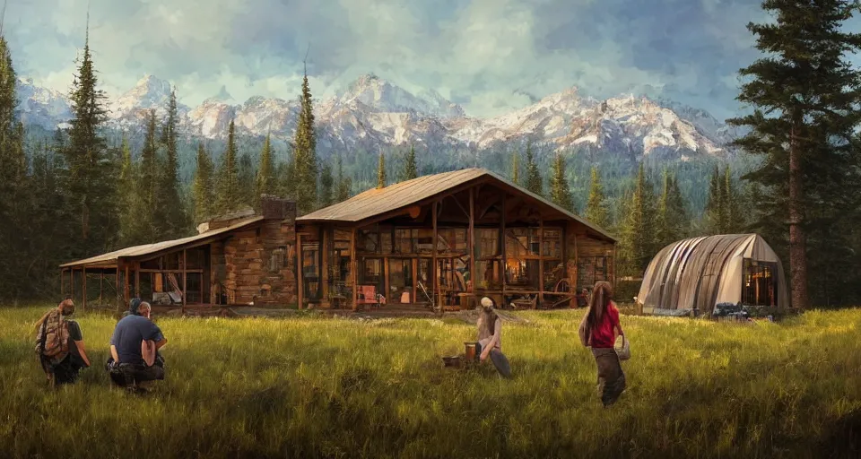 Prompt: cabela's beautiful comfortable modular pop - up insulated all terrain family dwelling, cabin,, person in foreground, mountainous forested wilderness open fields, beautiful views, painterly concept art, joanna gaines, environmental concept art, farmhouse, magnolia, concept art illustration, by james gurney, by craig mullins, by greg rutkowski trending on artstation