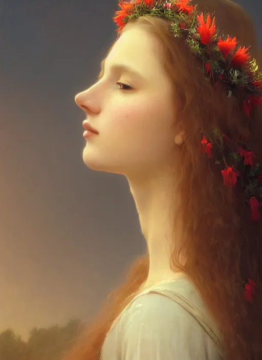 Image similar to oil painting close up portrait of a beautiful young woman with long flowing straight red hair, wearing a crown of wildflowers!! at sunset, hazy, digital art, chiaroscuro, artstation, cinematic, golden hour, digital art painting by greg rutkowski, william - adolphe bouguereau, hazy atmosphere, cinematic lighting