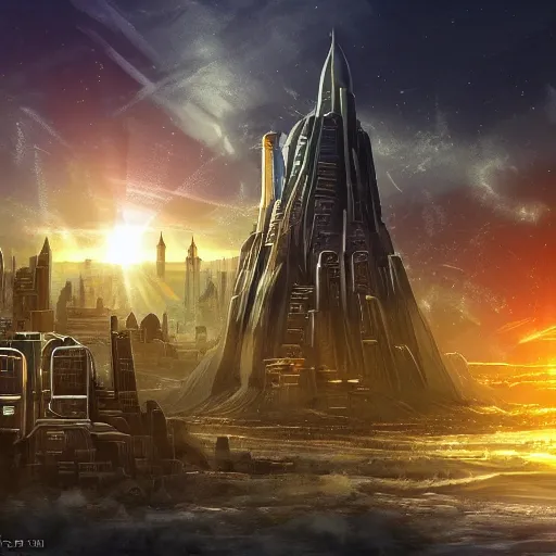 Prompt: sci - fi city with one large watchtower in the center shining a searchlight, dystopian, wide shot, digital art, detailed