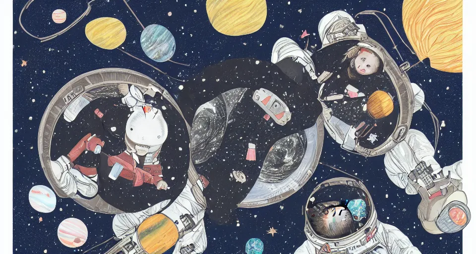 Image similar to guineapigs's portrait on the cover of vogue magazine flying in space suits, deep dark universe, twinkling and spiral nubela, warmhole, beautiful stars, 4 k, 8 k, by hokusai, samurai man vagabond, detailed, editorial illustration, matte print, concept art, ink style, sketch, digital 2 d
