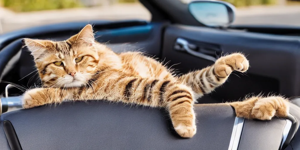 Image similar to side view of convertible, cat sitting relaxed in the driver seat with front paws on steering wheel, eyes closed, enjoying the sun, golden hour