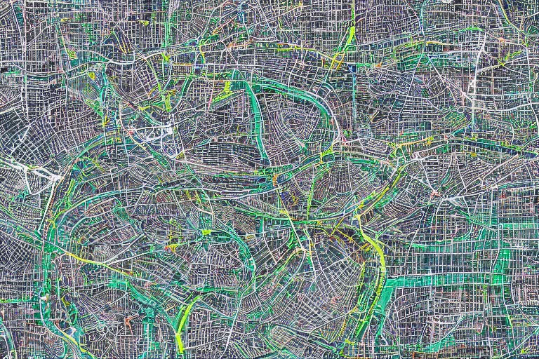 Prompt: closeup view of a topographical map of a complex sewer system made out of multiple overlays of complex scientific data visualized on top of each other, bar charts, plexus, thick squares and large arrows, waveforms on top of square charts, gaps and pauses, space molecules, radio signals, negative space