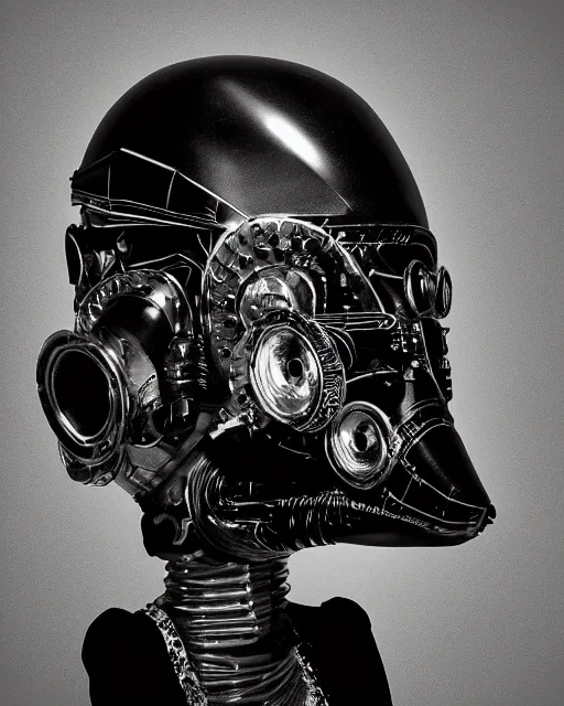 Prompt: Eddie Mendoza portraits of a anthropomorphic-robot cyber-face techno mask in black tie suit retro photo by Louis Daguerre