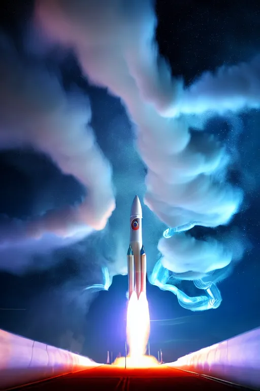 Image similar to hyperdetailed photograph of a futuristic rocket launching and leaving huge plumes of smoke, cinematic, volumetric lighting, night, thunder