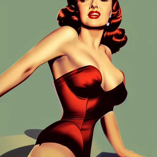 Image similar to rita hayworth, pinup, in the style of alex ross, 2 d, 4 k, unreal, intricate, digital painting, highly detailed, artstation, sharp focus, illustration,