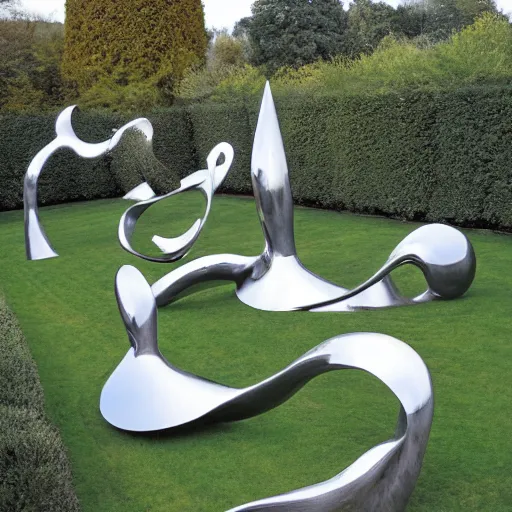 Image similar to giant Italian modern castle formal garden with a modern stainless steel organic shaped modern sculptures with mirror finish by Tony Cragg, photo by Annie Leibovitz