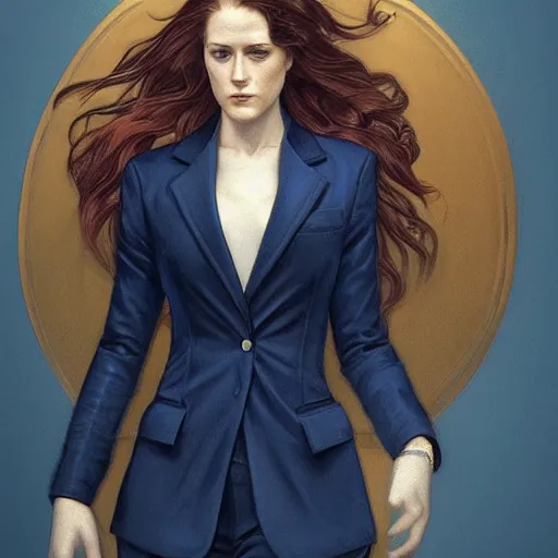 Image similar to full figure ultra realistic illustration, evan rachel wood wearing a navy blue pantsuit, auburn hair, intricate, elegant, highly detailed, digital painting, artstation, concept art, smooth, sharp focus, illustration, art by artgerm and greg rutkowski and alphonse mucha