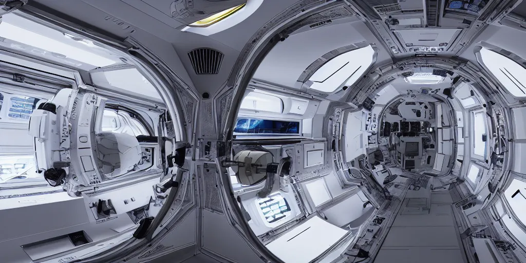 Image similar to inside a tourist module for the iss designed by zaha hadid, cinematic lighting, deep focus, sharp focus, golden ratio, dramatic illumination, hdr, ultra realistic, 8 k, highly detailed, trending on artstation, epic composition, by caravaggio, by artemisia lomi gentileschi