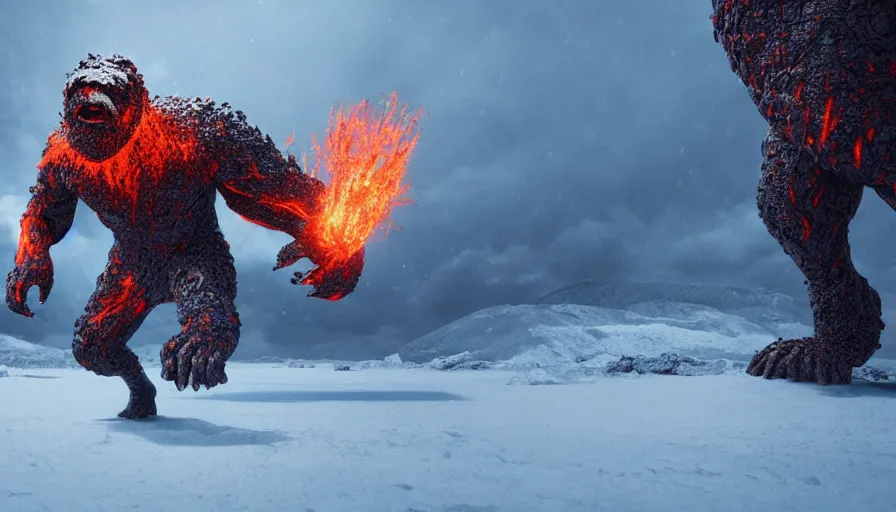 Prompt: Lava monster walking in the snow, hyperdetailed, artstation, cgsociety, 8k