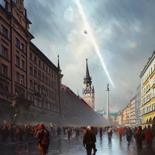 Image similar to , city of munich!!!, huge bright spot falling from the skies!!!, people running in panic!!, hyperrealistic, highly detailed, cinematic, daylight, beautiful, cgssociety, artstation, 8 k, oil painting by greg rutkowski, by artgerm, by wlop