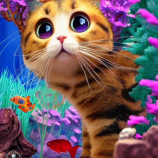 Prompt: Manga cover portrait of an extremely cute and adorable beautiful curious hungry cat peering into a vibrant aquarium, 3d render diorama by Hayao Miyazaki, official Studio Ghibli still, color graflex macro photograph, Pixiv, DAZ Studio 3D