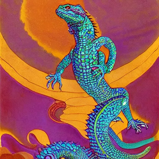 Image similar to beautiful jeweled scaly lizard-headed dragon sitting on top of treasure, by Nicholas Roerich and Warwick Goble, iridescent scales, sinuous dragon body, clawed feet, long spiked tail,dramatic lighting, featured on artstation W 768