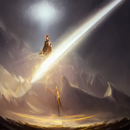 Image similar to a beacon of light is channeled from above into the tip of a white fantasy sword which splits and refracts the energy overhead by an archangel man on a medieval battlefield, artstation, deviantart, 8k, concept art, incredibly detailed art