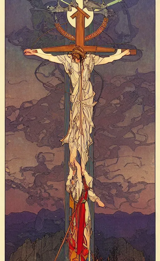 Image similar to a spiritual cross on top of a holy mountain, Mucha, Moebius, Mohrbacher