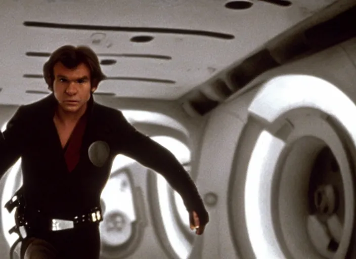 Image similar to screenshot of Han Solo dressed up as an imperial officer, iconic scene from 1970s spy thriller film directed by Stanley Kubrick, in a sci-fi shipping port, last jedi, 4k HD, cinematic lighting, beautiful portraits, moody, stunning cinematography, anamorphic lenses, kodak color film stock