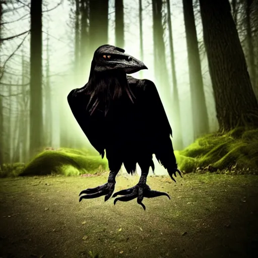 Prompt: werecreature consisting of a human and crow, photograph captured in a forest