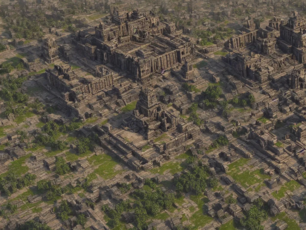 Prompt: A game concept art of city map with huge aztec temple in center near lake. Octane renderer, artstation, extremely high details