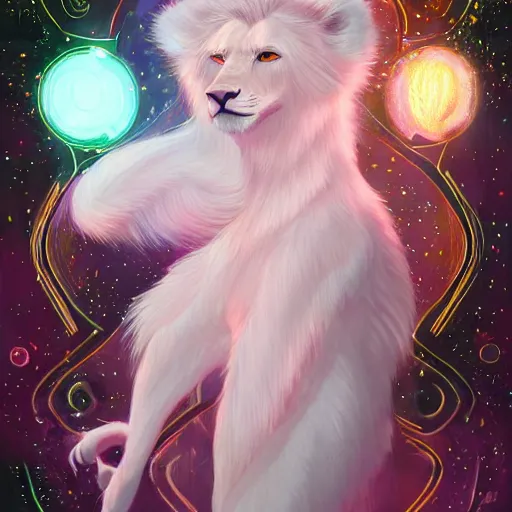 Image similar to aesthetic portrait commission of a albino male furry anthro lion wearing a cute holographic iridescent long sleeved silky reflective shirt outfit with bubble patterns and shapes, winter Atmosphere. Character design by charlie bowater, ross tran, artgerm, and makoto shinkai, detailed, inked, western comic book art, 2021 award winning painting