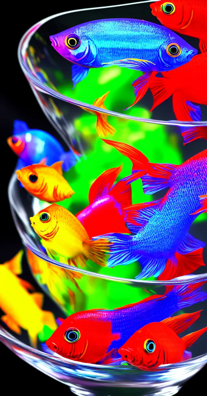 Prompt: highly detailed photo of multi colorful beta fish in super clean glass bowl, 3 d render, dark background, hyper realistic, concept art, 8 k detail post - processing