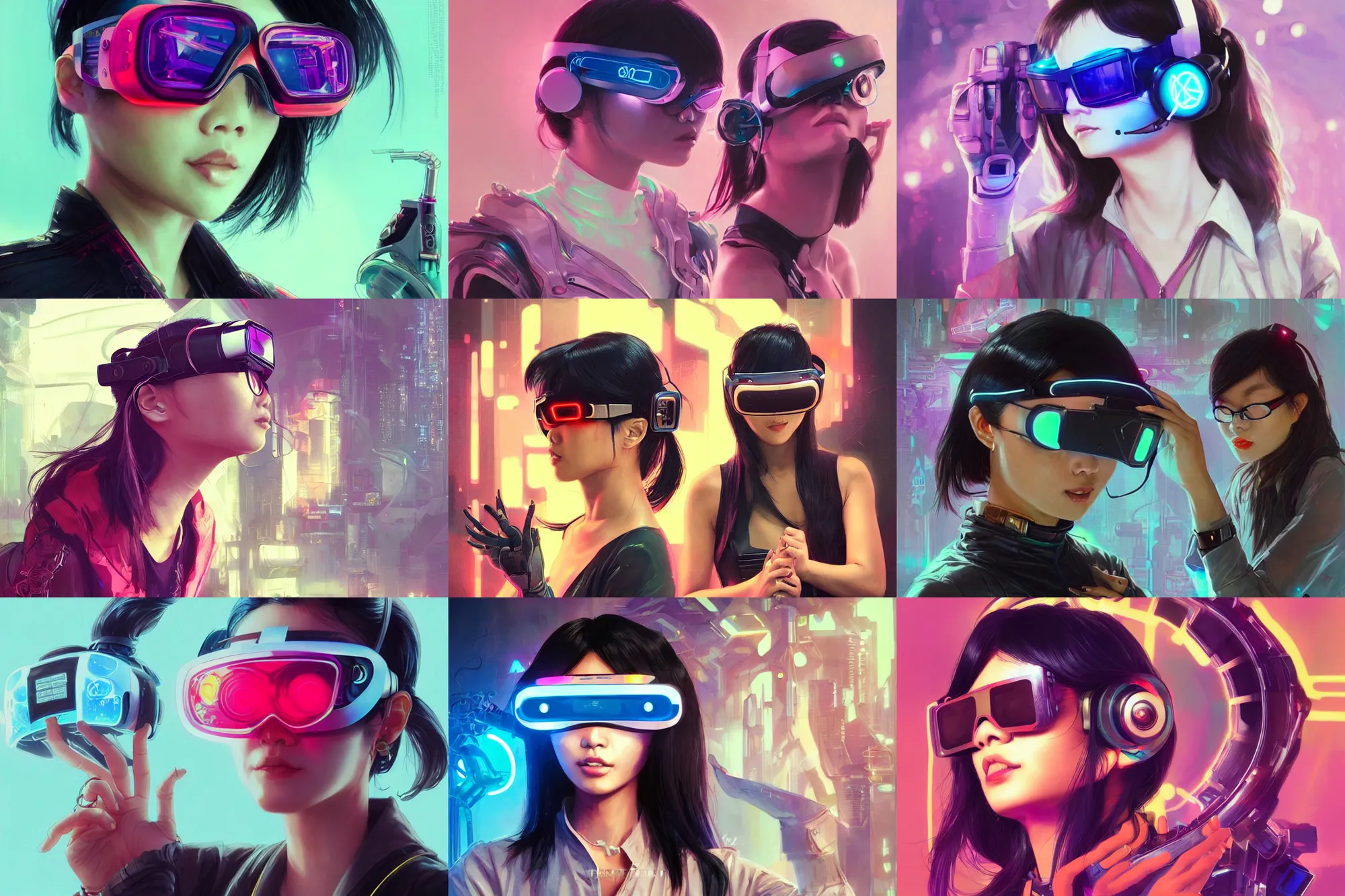 Prompt: asian woman wearing a cyberpunk vr headset like glasses, neon lenses, futuristic thin design, trending on artstation, by artgerm and greg rutkowski and alphonse mucha