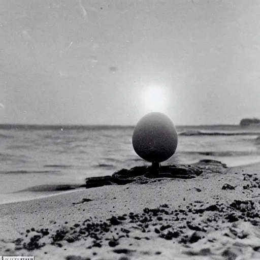 Prompt: an early 1 9 0 0 s photograph of an alien egg on the beach, moonlight, at nighttime,