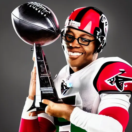 Prompt: desmond riddler wearing his falcons uniform holding the superbowl trophy above his head in celebration. photography. realistic. sports photography.