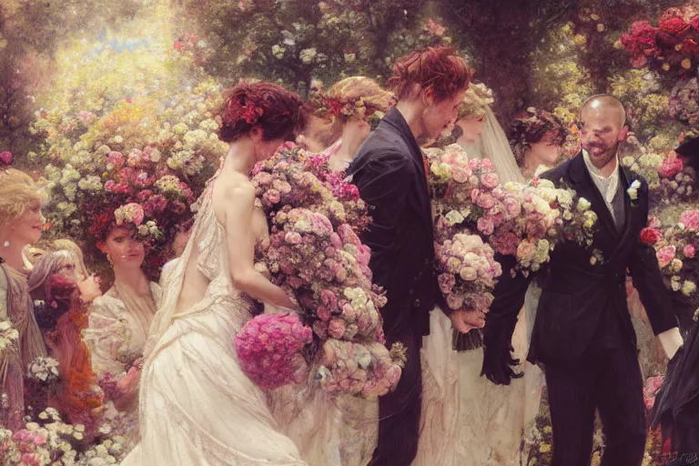 Image similar to the groom look at the bride at a wedding full of flowers, bright and happy, dreamlike art, highly detail, 4 k realistic, wedding photoy krenz cushart, artem demura, yoji shinkawa artgerm, jon lothian, danilo torres. adi meyers. thomas reimann. gaston bussiere.