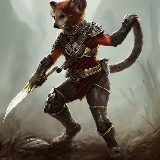 Prompt: a valiant weasel wearing a fantasy ranger outfit, fighting against the invading mice, furry art, artstation, 4k